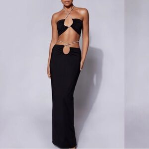 Black fitted Skirt and Top by Meshki. Stretchy fabric. Diamond detail.